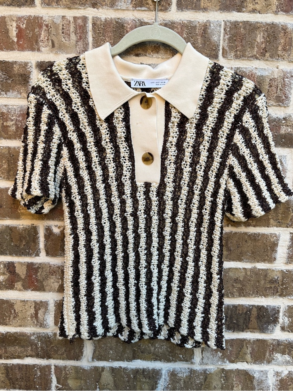 Zara Crochet Knit Polo Top Cream Brown Striped Open Short Sleeve Size M